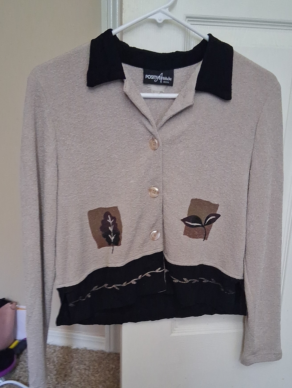 Positive Attitude Beige Jacket with Black Trim and Appliqués
